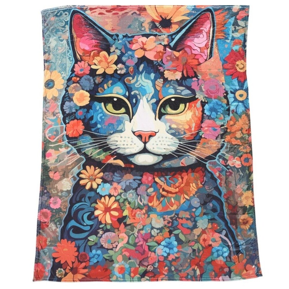 Zen Cat Kitten Ornate Floral OVERSIZED Plush Throw Cozy Cuddle Blanket Soft Gift